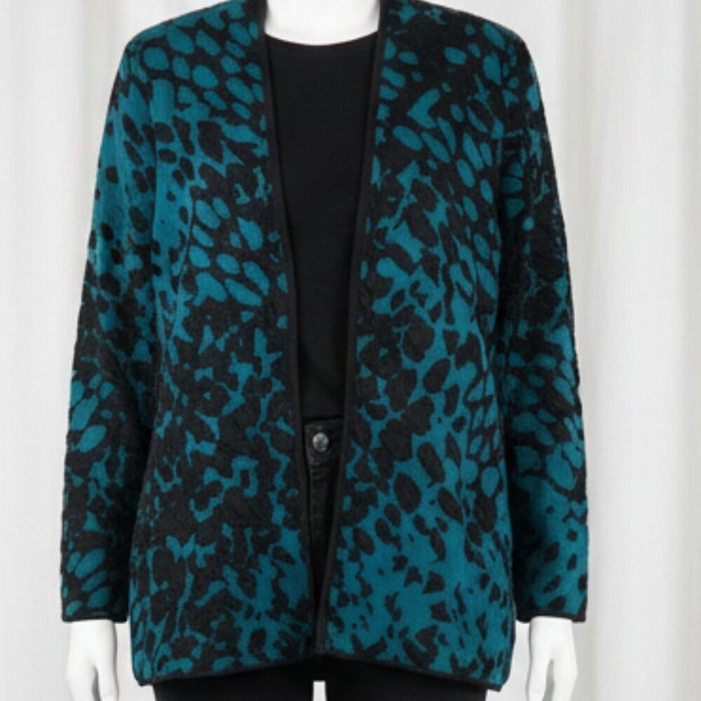 NWOT Chico's Teal & Black Jacquard Open-Front Cardigan Sweater 2 / L - Picture 4 of 14
